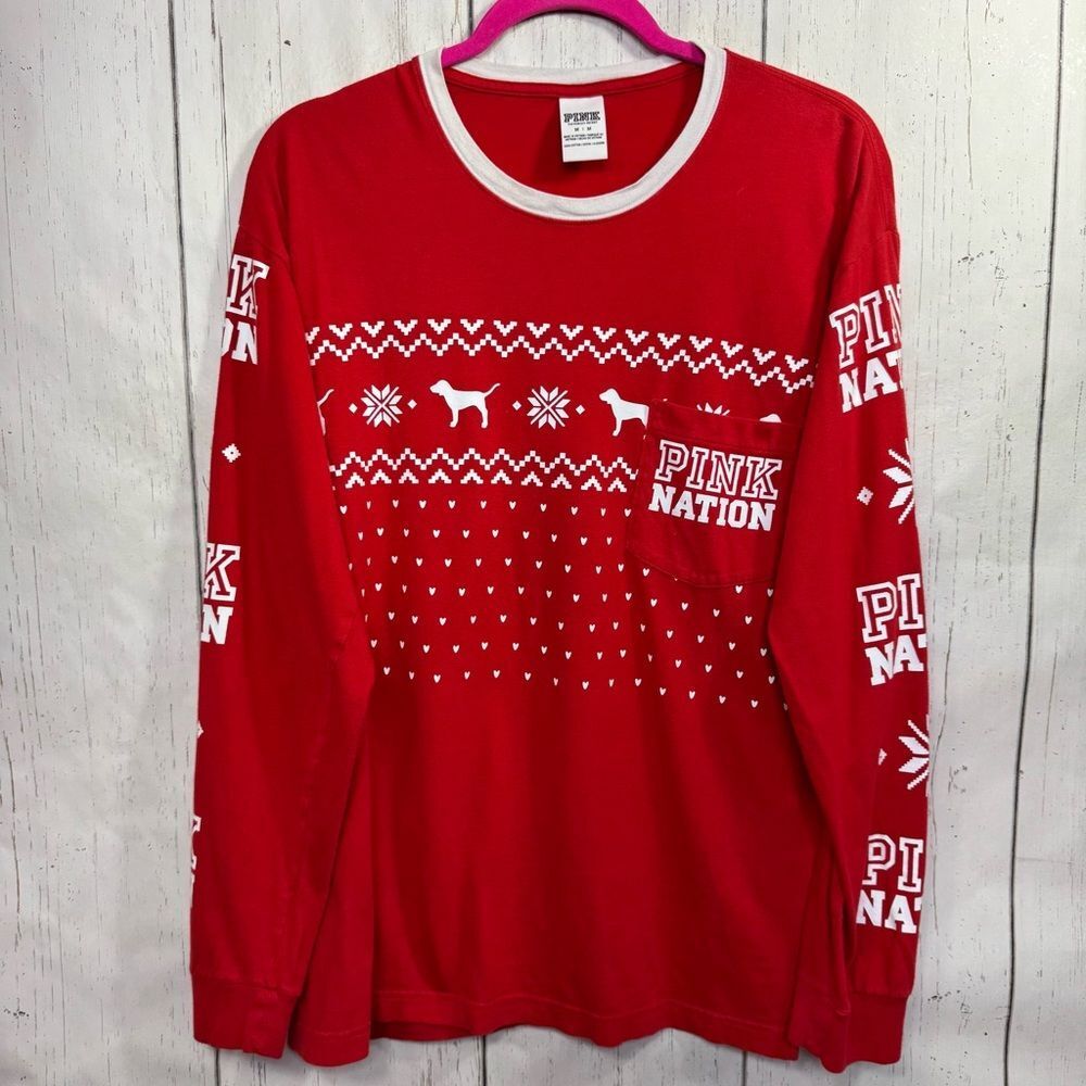 PINK Victorias Secret Nation Red Dog Long Sleeve Pocket Tee Size M Holiday Y2K